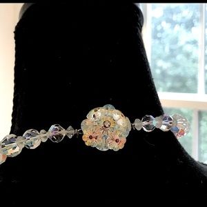 Vtg Deco MidCentury Swarovski Crystal Aurora Borealis Necklace Rosette Box Clasp